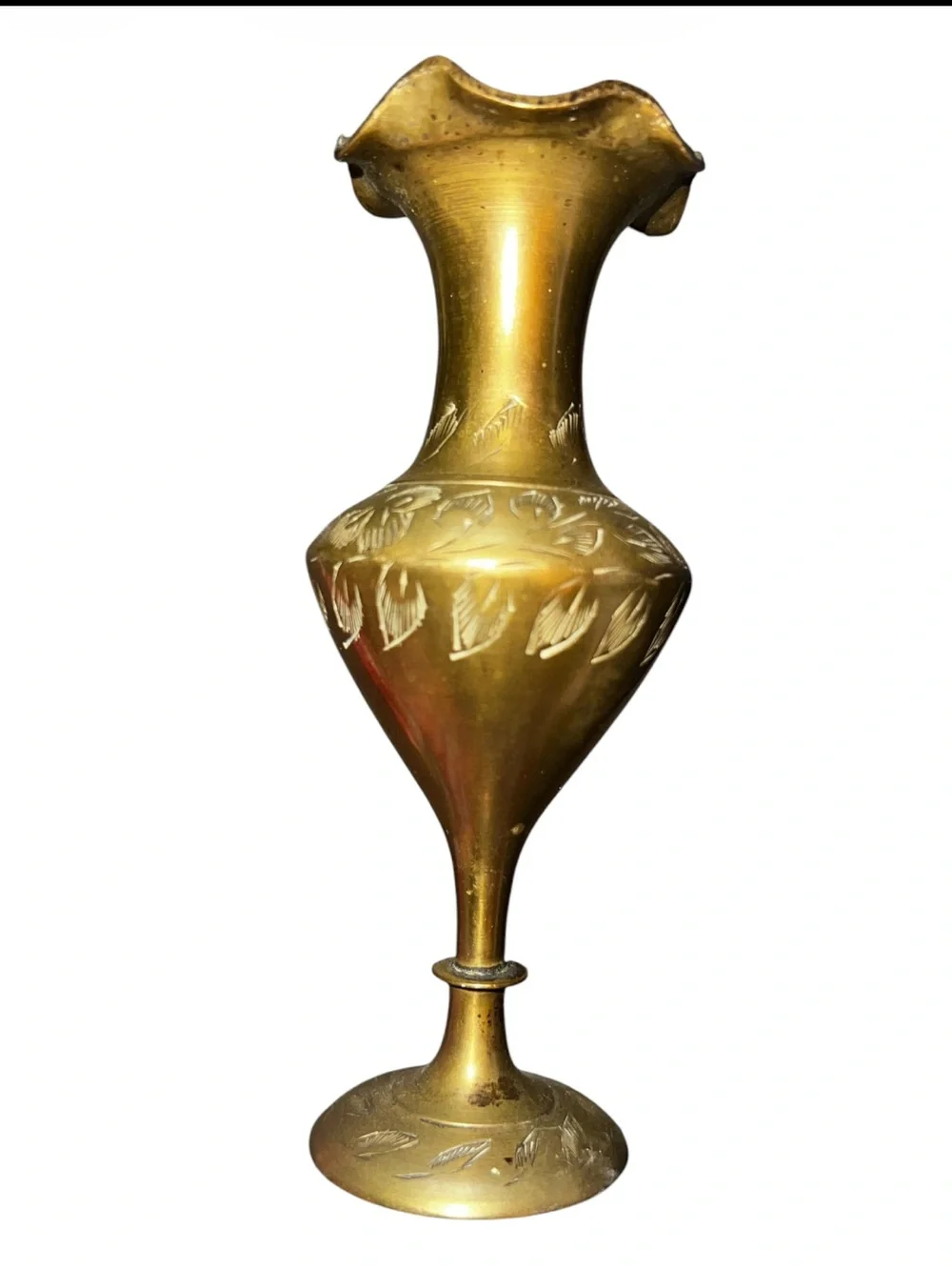 Vintage Gold Decorative Etched Brass Vase Stamped 1860 India